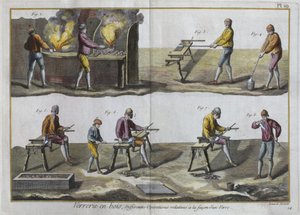 Üvegfúvás, illusztráció Denis Diderot (1713-84) Encyclopedie des Sciences et Metiers-ből, Robert Benard (fl.1734) metszete, 1770 körül megjelent (színes metszet) (lásd még: 326119) alkotó: French School