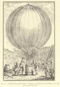 Az első hidrogénballon felfújása, Charles, a Robert fivérek és egy asszisztens, 1783. augusztus 23. és 26. között (metszet) alkotó: French School