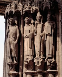 Gótikus művészet: "" Mártírok alakjai, egy baloldali szent Theodore, egy római katona"" A Notre Dame de Chartres-i bazilika déli portájának öble alkotó: French School