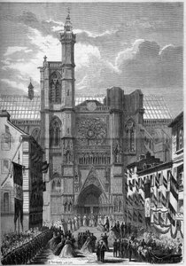 Gótikus építészet: a Cathedrale Notre Dame de Clermont Ferrand (Clermond-Ferrand), Puy de Dome (63), III. Napóleon és Eugenie de Montijo impresszum látogatása során 1862-ben. Metszet a „” Le Monde Illustré”-ban” n °275, 1862. július 19. alkotó: French School