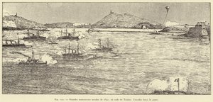 Nagy haditengerészeti manőverek 1891-ben Toulon kikötőjében; a század kényszeríti az áthaladást (metszet) alkotó: French School