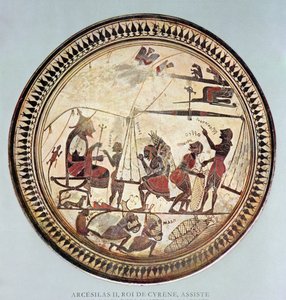 Görög csésze II. Arcesilászról, Ciréne királyáról (i. e. 560-550), amint a szilfium lemérését és betöltését nézi, egy Kr.e. 6. századi eredeti másolata alkotó: French School