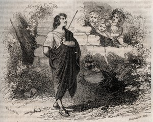 Görög mitológia: Bacchis és barátai megpróbálják elcsábítani Gygeset, aki elutasítja, és hűséges marad elhunyt feleségéhez. Metszet 1871-ből Henry de Kock (1819-1892) „Histoire Des Cocuses Celebres” c. alkotó: French School