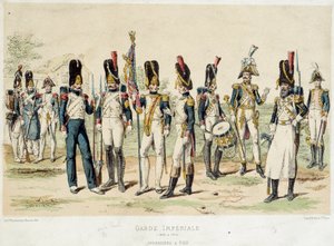 Gránátosok I. Napóleon császári gárdájának lábánál (1804 és 1814 között). 19. századi metszet. Párizs, dekoratív művészet alkotó: French School