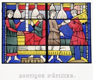 Élelmiszerbolt. Egy középkori ólomüveg fakszimile a „Histoire de la peinture sur verre”-ben, Ferdinand de Lasteyrie alkotó: French School