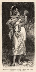 Guaranie nő szivaroz gyermekének, csípőjén lovagolva próbálja csillapítani sírását, D.Maillart rajza után metszett, amely az 1872-1873-as paraguayi utazást illusztrálja, L. Forgues, megjelent a „” Le tour du monde”” 1874, Edouard szerkesztette alkotó: French School