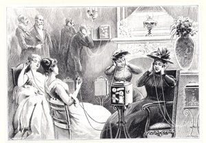 Vendégek egy párizsi szállodában, akik opera- vagy színházi előadások közvetlen közvetítését hallgatják Marinovich és Szarvas Theatrophone-ján, az 1892-ben megjelent La Nature-ből alkotó: French School