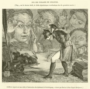 Gulliver egy asztalon kitéve Brobdingnag lakóinak csodálatának (metszet) alkotó: French School