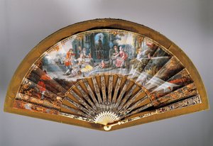 Kézi ventilátor szabadtéri reggeli jelenettel, festett papír ventilátor, lyukacsos elefántcsont védőpálca, arany és ezüst damaszkolással díszítve alkotó: French School