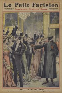Kezeket fel! Egy merész rabló, aki egy chicagói társasági bál vendégeit mentesíti ékszereiktől (színes litho) alkotó: French School