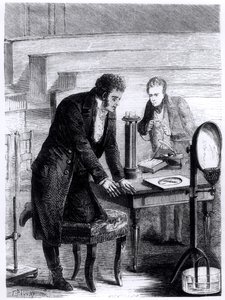 Hans Christian Oersted (1777-1851) felfedezte a mágneses tű zárt áram általi eltérését 1820-ban Louis Figuier (1819-94) Les Merveilles de la Science című művéből, 1867 alkotó: French School