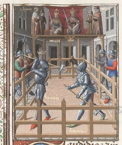 Harley 4375 f.171v, két lovag, akik pollaxokkal küzdenek, a „Valerius Maximus”, 1473-80 körül (vellum) alkotó: French School