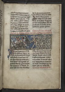 Harley MS 4979 f.72r Alexander, aki lófejű férfiakkal küzd, a 