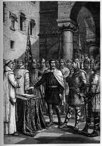 Harold, az angolok királya hűséget esküszik Guillaume-nak, Normandia hercegének (I. Vilmos) – II. Harold (1020-1066) 1064-ben megkoronázta az utolsó anglosaxon királyi koronát, és esküt tesz a szent ereklyékre I. Vilmos honfoglaló előtt, hogy támogassa ügy alkotó: French School