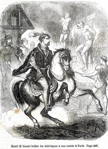 II. Henrik (1519 - 1559), aki az eretnekeket elégette Párizs bejáratánál – L.-P. „Histoire de France” című művében. Anquetil alkotó: French School