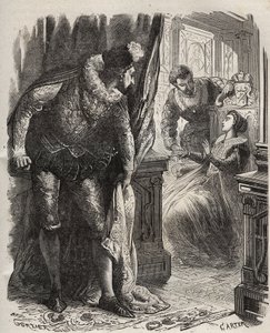 Henry (Henry) Stuart dit Lord Darnley (1545-1567) meglepte feleségét, Queen Mary (Mary) Iere Stuart (1542-1587) magántitkárával, David Rizzióval (megh. 1566). Metszet 1871-ből Henry de Kock (1819-1892) „Histoire Des Cocuses Celebres” c. alkotó: French School