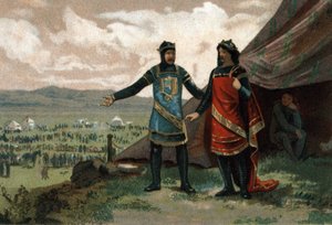 I. Henrik, Franciaország királya (1008-1060) fogadta Normandia hercegét, Ördög Róbertet (más néven Le Magnifique-t), és hadsereggel látta el, hogy visszaszerezze királyságát. Kromolitográfia 1890 körül. alkotó: French School