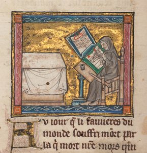 Remete írás íróasztalon, miniatűr az "Estoire del Saint Graal, La Queste del Saint Graal, Morte Artu" c. 1315-25-ből (tinta pergamenre) alkotó: French School