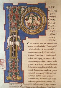 Történelmi „P” kezdőbetű, amely összefonódó mintát és fantasztikus állatokat ábrázol, egy limoges-i eredetű latin Bibliából, Kr. e. 1125 (vellum) alkotó: French School