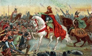 Gallia története a középkorban: német szászok térdeltek Nagy Károly (742-814) király előtt, aki megnyerte a háborúkat. A 19. század végének kromolitográfiája. alkotó: French School