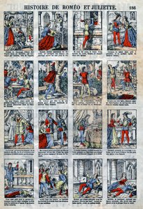 Rómeó és Júlia története William Shakespeare drámája után (1564-1616). Epinális képalkotás a 19. század végéről. alkotó: French School