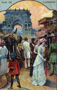 Turizmus története: Nyugati turisták Lucknow utcájában, India (Nyugati turisták Lucknow utcájában, India) 19. századi kromolitográfiája Magángyűjtemény alkotó: French School