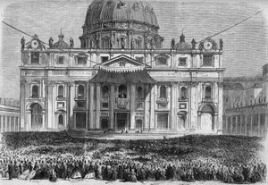 Nagyhét Rómában: kilátás a római Szent Péter térre (Piazza San Pietro) az „urbi et orbi” áldás idején, nagycsütörtökön és húsvétvasárnap. Metszet a „” Le Monde Illustré”” 526. számában, 1867. május 11. alkotó: French School