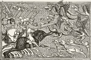 Hogyan harcolt Sándor a sárkányokkal és a Scorpion nevű fenevadfajjal, Paul Lacroix (1806-84) „Tudomány és irodalom a középkorban” című művéből, 1878-ban Londonban. alkotó: French School