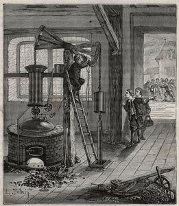 Humphrey Potter, aki Thomas Newcomen gépének szelepeinek nyitásáért és zárásáért volt felelős, a szelepek kinyitásához és zárásához megfelelő kötelek és buték elhelyezésével segítette működését. alkotó: French School