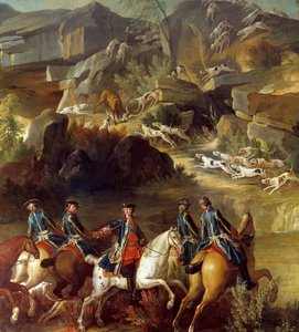 Vadászjelenet futott. A lovasok a kutyák által megragadt őzike felé tartanak. Részlet egy névtelen 18. századi festményről. Gien, Vadászati Múzeum alkotó: French School