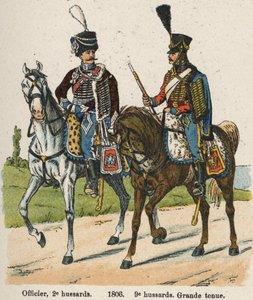Huszárok 1. vendemiary An XII (1803. szeptember 24.): Tiszt, 2. huszár és 9. huszár nagyszerű ruhában 1806-ban. Lemez Lienhart és Humbert Les Uniforms de l