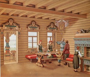 Egy orosz izba idealizált belseje, 1880 körül (színes metszet) alkotó: French School