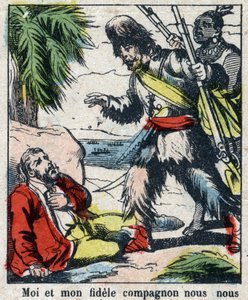 Illusztráció Daniel Defoe könyvéhez (De foe) „” Robinson Crusoe””. Epinális képalkotás a 19. század végéről. alkotó: French School