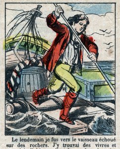 Illusztráció Daniel Defoe könyvéhez (De foe) „” Robinson Crusoe””. Epinális képalkotás a 19. század végéről. alkotó: French School