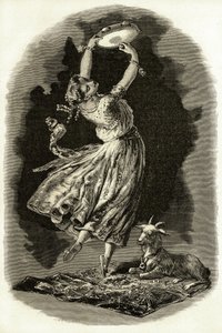 Illusztráció: Victor Hugo „Notre-Dame de Paris” című művéhez: Esmeralda tamburán táncol a kecskéje mellett, a XX. század elején (litho) alkotó: French School