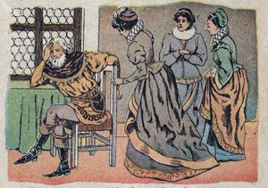 Illusztráció a „Szépség és a Bete” című meséhez: a kereskedő elveszett a fájdalomtól. Quinn-képek metszete, 1890 körül. alkotó: French School