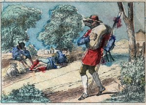 Jean de la Fontaine (1621-1695) meséjének illusztrációja: a farkasból pásztor lett. Epinális képalkotás a 19. század végén. alkotó: French School