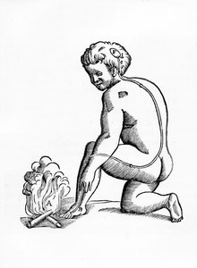 Illusztráció a tobozmirigy csatornáinak működéséről az emberi idegrendszerben a tűzre adott reakcióval kapcsolatban, a Tractatus de Homine-ból, amelyet Amszterdamban adott ki Elsevier, 1677 (erdő) alkotó: French School