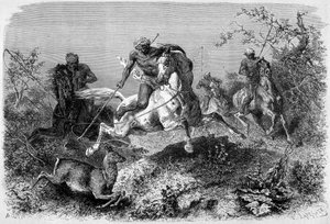 A „Le Tour du monde” 1870-1871-es kiadásában megjelent illusztráció, amely egy dyákot ábrázol, aki Borneó szigetén vadászik. Metszés. alkotó: French School