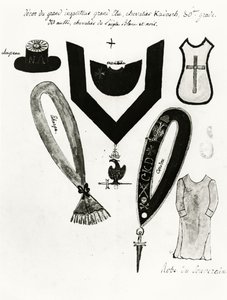 Illusztrációk a szabadkőműves regáliákról és a 30. fokozatú Kadosh lovag ruhájáról a szabadkőművesség skót rítusában, 1813 (toll, tinta és gouache papíron) alkotó: French School