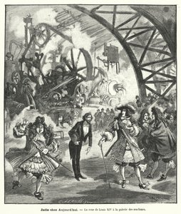 XIV. Lajos király és udvara képzeletbeli látogatása a párizsi Exposition Universelle géppavilonjában 1889-ben (metszet) alkotó: French School