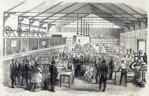 Impress Eugenie és a császári herceg látogatása a Banque de France-ban, 1866. június 23. - bankjegynyomtatás - metszet a Le MONDE Illustrousban DU 1866.07.07. alkotó: French School
