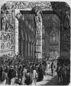 Canossában IV. Henrik, a Római Birodalom császára (1050-1106) bűnbánó ruhában VII. Gergely pápa (Hildebrand: 1015/20-1085) bocsánatáért könyörög, és tiszteletre méltó jóvátételt tesz. A királyné király és a császárok bűnei az évszázadok során” – Mauri alkotó: French School