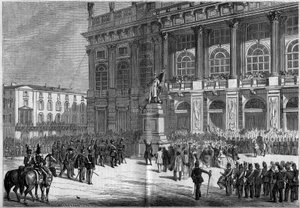 Vincenzo Vela (1820-1891) szardíniai emlékművének felavatása a torinói Chateau téren 1859. április 10-én. A szobor mögött található a „Palazzo Madama”. Mr. Ferry vázlatai alapján. Metszet a „” Le Monde Illustré”” 106. számban, április 23. 18. alkotó: French School