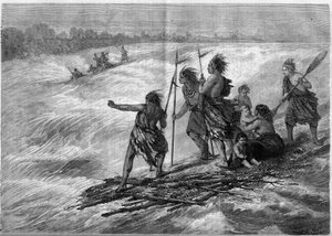 Kanadai indiánok egymáshoz tapadt faágakon állva, leereszkednek a Long Sault Rapids-on a St. Lawrence folyón alkotó: French School