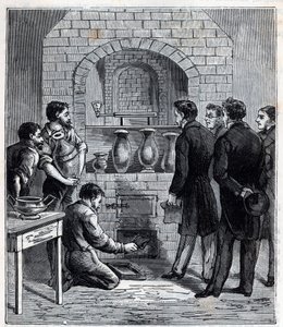 A pirométer felszerelése Alexandre Brongniart (1770-1847) francia tudós által a Sevres gyártásánál - Metszet a „Sciences mise à la gratete de tous – physics et chimie populaire” című könyvébe Alexis Clerc – 19. század vége. Magángyűjtemény. alkotó: French School