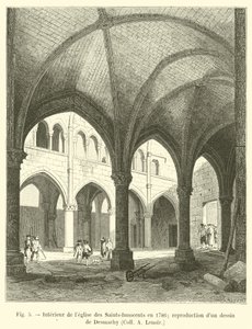Az ártatlanok szentek templomának belseje 1786-ban; Desmachy, Coll A Lenoir rajzának reprodukciója