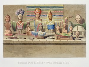 Egy Spirit House belseje, Offak kikötője, Waigiou sziget, a világ körüli utazásból, amelyet a király parancsa hajt végre Őfelsége La Coquille-én, 1822, 1823, 1824 és 1825 során, alkotó: French School
