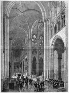 A Szent Denis-bazilika (Saint Denis) belseje Eugene Viollet-le-Duc (Viollet le Duc) (1814-1879) tervei alapján restaurált. Metszet a „The Illustrous Universe”-be alkotó: French School