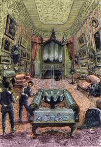 A Nautilus belseje, Illusztráció Jules Verne „20 000 liga a tenger alatt” című művéből – Jules Verne „Húszezer liga a tengerek alatt” című regényének illusztrálása, a Nautilus fényűző szalonjának képviselője – A Nautilus társalgója, ill. alkotó: French School